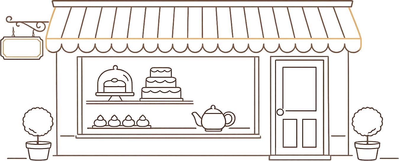 Dessin d'une devanture de pâtisserie : store festonné, vitrine garnie d'un gâteau sous cloche, d'une pièce à étages et de choux, enseigne vierge